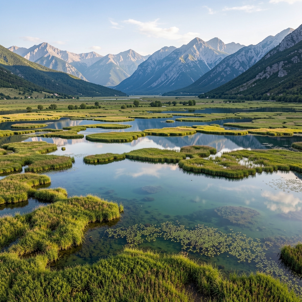 Aerial view of Skadar Lake in Montenegro, lush wetlands, water surface reflecting mountains, biodiversity hotspot