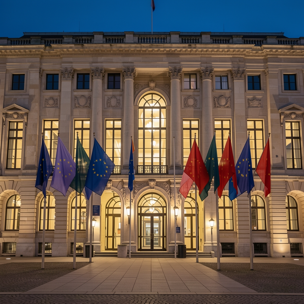 European Union Council building in Brussels at night, illuminated facade, EU flags in row outside entrance