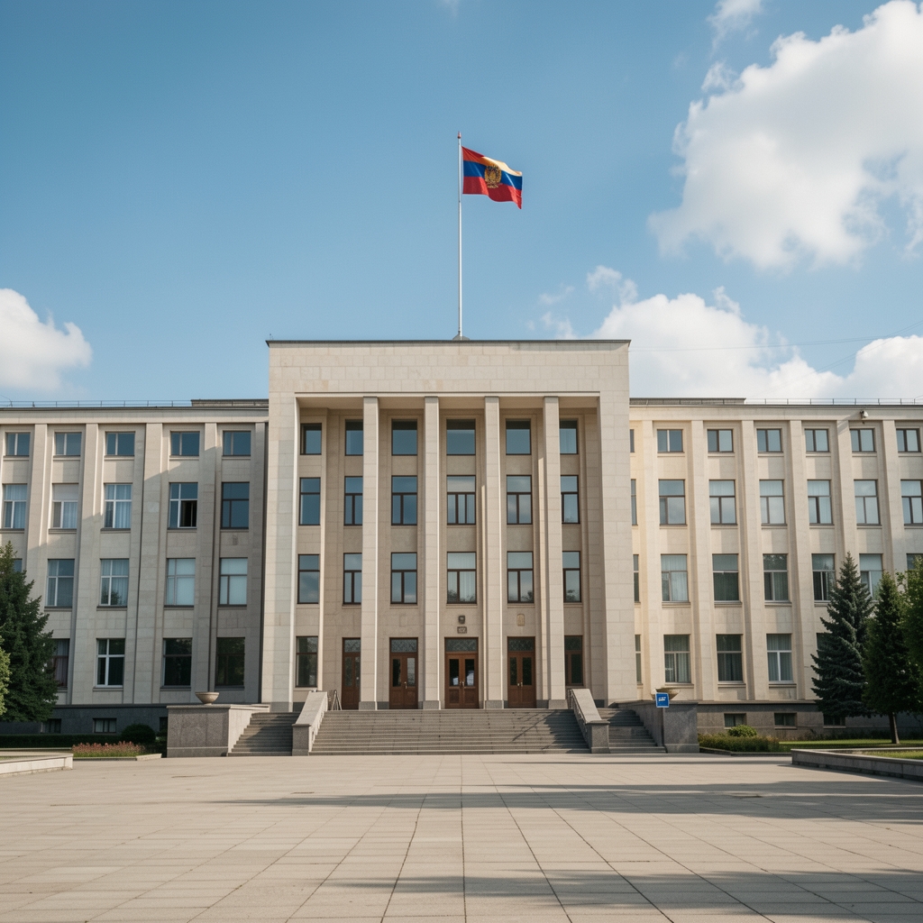 Зграда националног парламента са државном заставом, ведро небо у позадини, широки угао снимка
