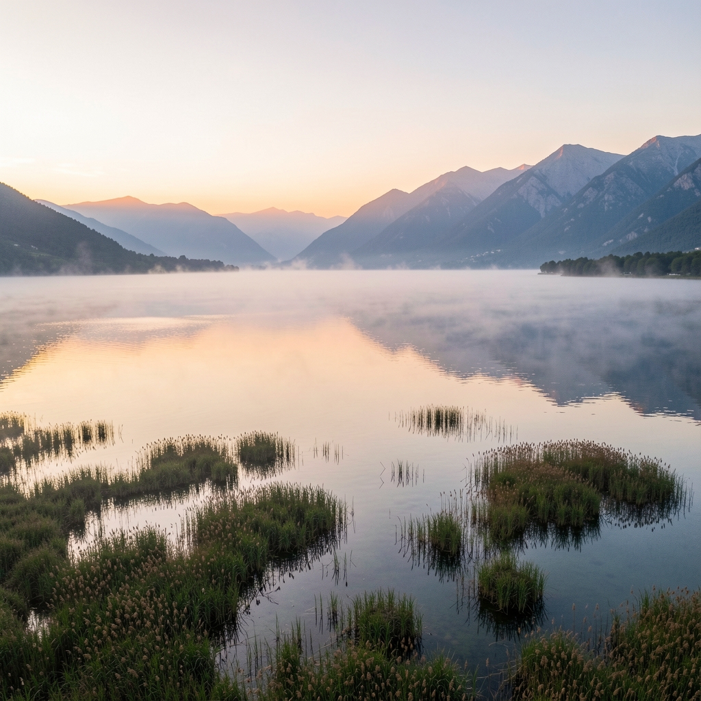 Aerial view of Skadar Lake in Montenegro at sunrise, morning mist over calm water surface, reeds and wetlands in foreground, mountains in distance