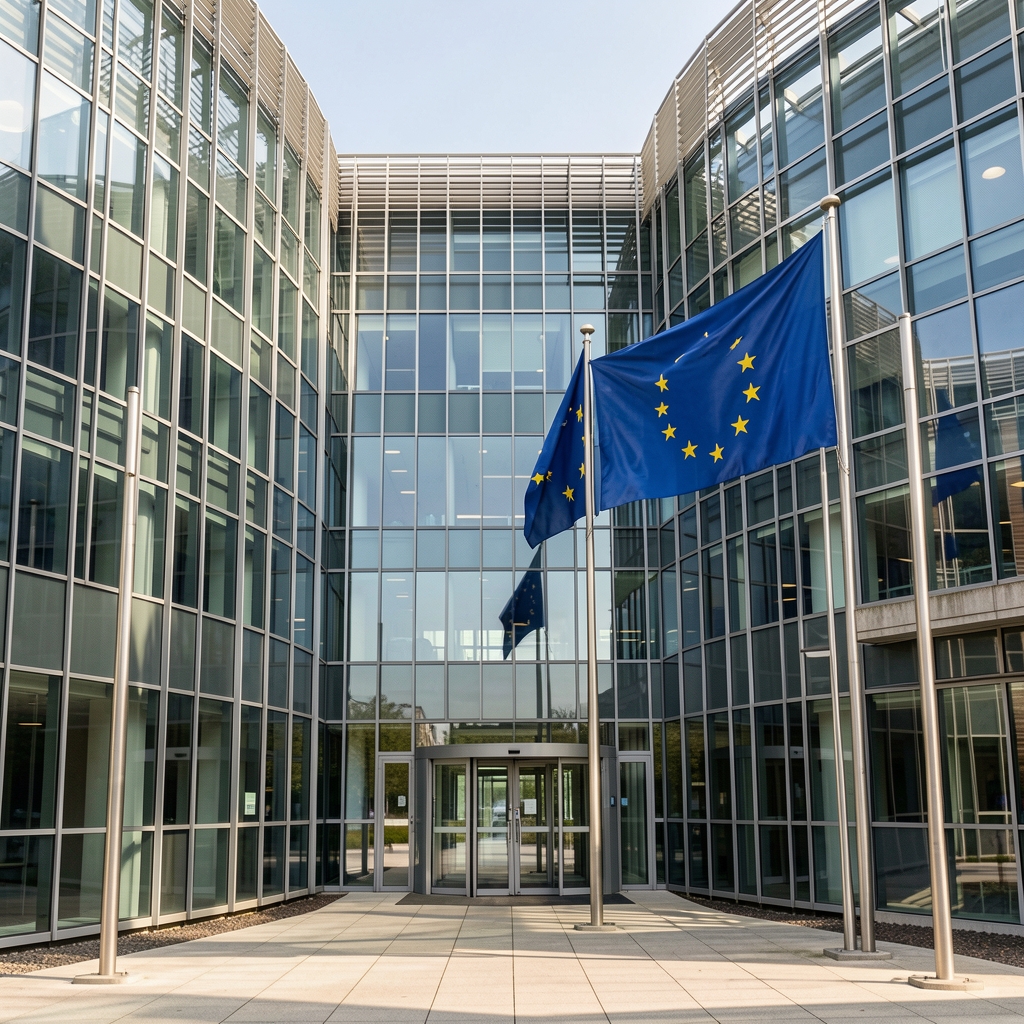 Зграда Европске комисије у Бриселу, модерна стаклена архитектура, застава ЕУ испред главног улаза