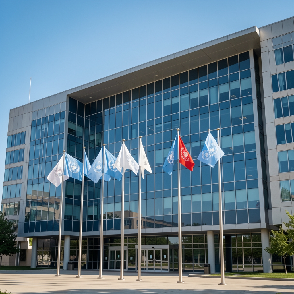 Exterior of United Nations headquarters building in New York, glass facade, UN flags in front row, clear blue sky