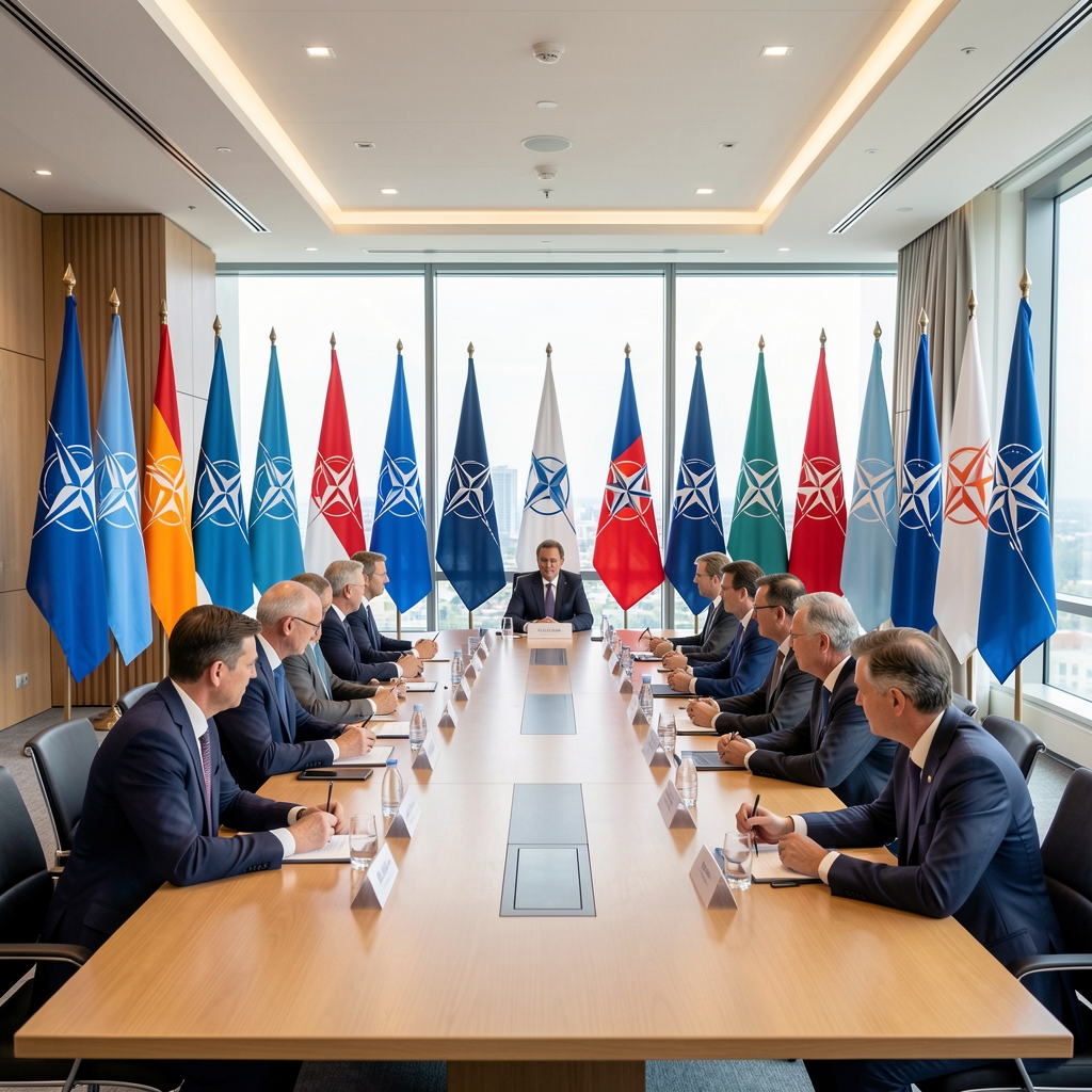 NATO summit meeting room with flags of member states, officials seated around the conference table, formal diplomatic setting